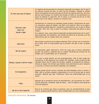 La mayoría de las personas lo consumen mezclado con tabaco, por lo que a
                                 los efectos nocivos de éste, se unen los del cánnabis. Además se suelen
   Es más sano que el tabaco     fumar sin boquilla (lo que evita que se filtren los agentes tóxicos), las cala-
                                 das son más intensas, se retiene más tiempo el humo en los pulmones y se
                                 apura al máximo el cigarrillo. Por lo tanto, el consumo de porros es más
                                 nocivo que el de tabaco, aunque se consuma solo.

                                 Inicialmente el consumo de cánnabis puede producir sensaciones de eufo-
                                 ria, bienestar, ganas de hablar, risa fácil y sin motivos. Pero en un segun-
         Da buen rollo           do momento puede aparecer relajación y somnolencia, por lo que la fiesta
                                 se acaba. Peor aún, hay a quien le produce reacciones de pánico y pasa
           Hace reír
                                 miedo...
         Ayuda a ligar
                                 En cualquier caso, estos efectos dependen fundamentalmente de la canti-
                                 dad consumida, del ambiente, del estado de ánimo de la persona y de las
                                 expectativas que se tengan sobre ese consumo.

                                 Hay muchas sustancias que acaban sabiendo "bien" porque uno se acostum-
          Sabe bien              bra a ellas, pero es muy posible que la primera vez que se usa, no guste
                                 tanto.

                                 Es importante saber diferenciar entre las cosas que se hacen realmente
         Me da la gana
                                 porque uno quiere y aquellas que se acaban haciendo por presión de los
                                 amigos, por la publicidad, por la situación...

                                 Si lo que no deja dormir son las preocupaciones, sino se hace nada por
                                 resolverlas, al día siguiente van a seguir ahí. Además, como los efectos del
 Relaja y ayuda a dormir mejor   cánnabis hacen que el sueño sea de peor calidad, la sensación de embota-
                                 miento es mayor. No olvidar que existen otras alternativas para relajarse
                                 y conciliar el sueño (una ducha templada, por ejemplo).

                                 Aunque puede aliviar ciertos síntomas de enfermedades como el cáncer o
        Es terapéutico           SIDA, sólo se utilizan algunos componentes y no en la forma que se suele
                                 consumir, además ¿por qué “medicarse” para una enfermedad que no se
                                 tiene?

                                 Después de la sensación inicial de desinhibición, son frecuentes las viven-
                                 cias de agitación, ansiedad, fuga de ideas... que en algunos casos generan
             Flipa
                                 crisis de angustia.

                                 Esta es la vivencia que tiene la persona, pero no necesariamente lo que
    Me da un aire especial       ocurre, aunque puede facilitar cierta complicidad con otros consumidores.

DURACIÓN APROXIMADA: 55 minutos
                                                    28
 