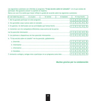 Las siguientes cuestiones son referidas al programa “5 top secrets sobre el cánnabis”, en el que acabas de
participar. Nos gustaría conocer tu opinión al respecto.
Marca con una X la casilla que mejor refleje tu grado de acuerdo sobre las siguientes cuestiones:

1: casi nada/muy poco             2: un poco                  3: normal                 4: bastante               5: muy/mucho

1. Me ha gustado participar en este programa..................................................................................
                                                                                                 1      2     3     4      5
                                                                                                 1      2     3     4      5
2. He aprendido cosas nuevas sobre el cánnabis ...............................................................................
3. En general, he disfrutado con las actividades que hemos hecho. ........................................................
                                                                                             1     2      3     4      5
4. Comentar con mis compañeros diferentes cosas acerca de los porros
                                                                                                      1     2      3     4     5
me ha parecido interesante ........................................................................................................
                                                                                               1     2      3     4      5
5. Los plafones o diapositivas me han parecido interesantes. ...............................................................

6. “5 top secrets sobre el cánabis” me ha parecido, globalmente:
                                                                                                           1     2      3     4     5
     a. Divertido ......................................................................................................................
                                                                                                          1     2      3     4      5
     b. Interesante ...................................................................................................................
                                                                                                          1     2      3     4      5
     c. Informativo ...................................................................................................................
                                                                                                          1     2      3     4      5
     d. Novedoso ......................................................................................................................
                                                                                         1     2      3     4      5
7. Animaría a amigos y amigas míos a participar en un programa como éste..............................................




                                                                                 Muchas gracias por tu colaboración




                                                                  69
 