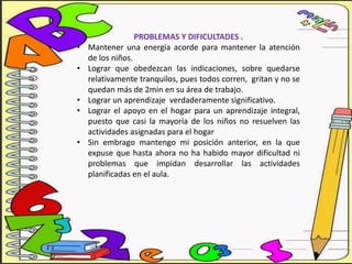 PROBLEMAS Y DIFICULTADES .
• Mantener una energía acorde para mantener la atención
de los niños.
• Lograr que obedezcan las indicaciones, sobre quedarse
relativamente tranquilos, pues todos corren, gritan y no se
quedan más de 2min en su área de trabajo.
• Lograr un aprendizaje verdaderamente significativo.
• Lograr el apoyo en el hogar para un aprendizaje integral,
puesto que casi la mayoría de los niños no resuelven las
actividades asignadas para el hogar
• Sin embrago mantengo mi posición anterior, en la que
expuse que hasta ahora no ha habido mayor dificultad ni
problemas que impidan desarrollar las actividades
planificadas en el aula.
 