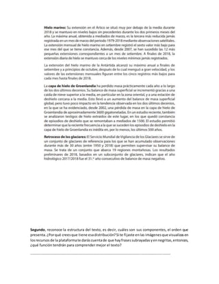 Segundo, reconoce la estructura del texto, es decir, cuáles son sus componentes, el orden que
presenta.¿Porqué creesque tiene esadistribución?Si te fijaste enlas imágenesque visualizasen
losrecursosde la plataformate daráscuentade que hayfrasessubrayadasyennegritas,entonces,
¿qué función tendrán para comprender mejor el texto?
…………………………………………………………………………………………………………………………………………
 