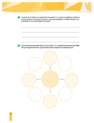 102
A partir de lo leído, en especial el recuadro 1.2, y de lo recogido en diarios y
prioridad en tu comunidad? ¿Por qué?
Conla información obtenidaenelrecuadro1.4,completaelesquemaquedebe
llevarelsiguiente título: ¿Quéinstitucionesrequiere unademocracia?
4
5
 