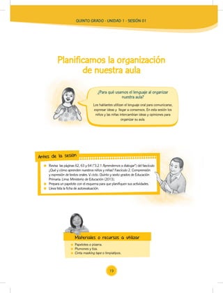 Planificamos la organización
de nuestra aula
Papelotes o pizarra.
Plumones y tiza.
Cinta masking tape o limpiatipos.
Los hablantes utilizan el lenguaje oral para comunicarse,
expresar ideas y llegar a consensos. En esta sesión los
niños y las niñas intercambian ideas y opiniones para
organizar su aula.
Revisa las páginas 62, 63 y 64 (“3.2.1 Aprendemos a dialogar”) del fascículo
¿Qué y cómo aprenden nuestros niños y niñas? Fascículo 2. Comprensión
y expresión de textos orales. V ciclo. Quinto y sexto grados de Educación
Primaria. Lima: Ministerio de Educación (2013).
Prepara un papelote con el esquema para que planifiquen sus actividades.
Lleva lista la ficha de autoevaluación.
Revisa las páginas 62, 63 y 64 (“3.2.1 Aprendemos a dialogar”) del fascículo
¿Qué y cómo aprenden nuestros niños y niñas? Fascículo 2. Comprensión
y expresión de textos orales. V ciclo. Quinto y sexto grados de Educación
Prepara un papelote con el esquema para que planifiquen sus actividades.
Antes de la sesión
Materiales o recursos a utilizar
¿Para qué usamos el lenguaje al organizar
nuestra aula?
Materiales o recursos a utilizar
QUINTO GRADO - UNIDAD 1 - SESIÓN 01
19
 