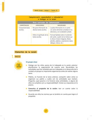 Quinto Grado - Unidad 1 - Sesión 02
10
minutos
INICIO
Momentos de la sesión
1.
Dialoga con los niños acerca de lo trabajado en la sesión anterior:
planiﬁcamos la organización de nuestra aula. Recuérdales las
actividades que han señalado para ser trabajadas en el desarrollo de la
unidad y el porqué es importante organizarnos antes de realizar alguna
tarea.
Pídeles, en función de la tarea anterior, compartir sobre cómo se
organizan sus padres y cuáles son las actividades que realizan.
Pregunta: ¿qué pasaría si no hicieran estas actividades, si alguno de
ellos no cumpliera son su responsabilidad?. Anota sus respuestas en la
pizarra.
Comunica el propósito de la sesión: leer un cuento sobre la
responsabilidad.
Acuerda con ellos las normas que se tendrán en cuenta para lograr el
propósito.
En grupo clase
Competencia(s), capacidad(es) e indicador(es)
a trabajar en la sesión
COMPETENCIAS CAPACIDADES INDICADORES
Comprende textos
escritos.
Recupera información de
diversos textos escritos.
Localiza información en un cuento
con varios elementos complejos en su
estructura y con vocabulario variado.
Infiere el significado de los
textos escritos.
Formula hipótesis sobre el contenido
del cuento, a partir de los indicios que
le ofrece el texto (imágenes, títulos,
párrafos, palabras y expresiones claves,
diálogos, índices, etc.).
Área curricular de Comunicación
27
 