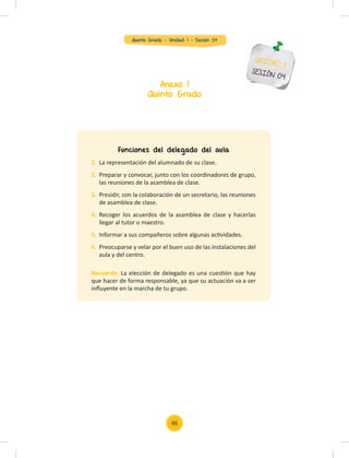 Quinto Grado - Unidad 1 - Sesión 04
Anexo 1
Quinto Grado
UNIDAD 1
SESIÓN 04
Funciones del delegado del aula
1. La representación del alumnado de su clase.
2. Preparar y convocar, junto con los coordinadores de grupo,
las reuniones de la asamblea de clase.
3. Presidir, con la colaboración de un secretario, las reuniones
de asamblea de clase.
4. Recoger los acuerdos de la asamblea de clase y hacerlas
llegar al tutor o maestro.
5. Informar a sus compañeros sobre algunas actividades.
6. Preocuparse y velar por el buen uso de las instalaciones del
aula y del centro.
Recuerda: La elección de delegado es una cuestión que hay
que hacer de forma responsable, ya que su actuación va a ser
inﬂuyente en la marcha de tu grupo.
46
 