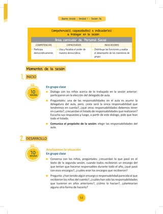 Quinto Grado - Unidad 1 - Sesión 06
10
minutos
INICIO
Momentos de la sesión
1.
En grupo clase
Conversa con los niños, pregúntales: ¿recuerdan lo que pasó en el
texto de la segunda sesión, cuando todos recibieron un encargo del
que tenían que hacerse responsables durante todo el año, ¿qué pasó
con esos encargos?, ¿cuáles eran los encargos que recibieron?
Pregunta: ¿han tenido algún encargo o responsabilidad parecida al que
recibieron los niños del cuento?, ¿cuáles han sido las responsabilidades
que tuvieron en años anteriores?, ¿cómo lo hacían?, ¿plantearían
alguna otra forma de hacerlo?
Analizamos la situación
70
minutos
DESARROLLO
2.
Dialoga con los niños acerca de lo trabajado en la sesión anterior:
participaron en la elección del delegado de aula.
Pregúntales: una de las responsabilidades en el aula es asumir la
delegatura del aula, pero, ¿esta será la única responsabilidad que
tendremos en cuenta?, ¿qué otras responsabilidades debemos tener
en cuenta?, ¿recuerdan el listado de responsabilidades que realizaron?
Escucha sus respuestas y luego, a partir de este diálogo, pide que lean
todo el listado.
Comunica el propósito de la sesión: elegir las responsabilidades del
aula.
En grupo clase
Competencia(s), capacidad(es) e indicador(es)
a trabajar en la sesión
COMPETENCIAS CAPACIDADES INDICADORES
Participa
democráticamente.
Usa y fiscaliza el poder de
manera democrática.
Distribuye las funciones y evalúa
el desempeño de los miembros de
grupo.
Área curricular de Personal Social
53
 