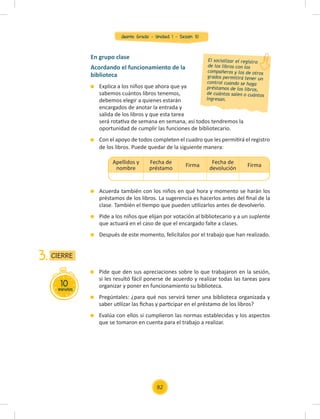 Quinto Grado - Unidad 1 - Sesión 10
10
minutos
CIERRE
3.
Pide que den sus apreciaciones sobre lo que trabajaron en la sesión,
si les resultó fácil ponerse de acuerdo y realizar todas las tareas para
organizar y poner en funcionamiento su biblioteca.
Pregúntales: ¿para qué nos servirá tener una biblioteca organizada y
saber utilizar las ﬁchas y participar en el préstamo de los libros?
Evalúa con ellos si cumplieron las normas establecidas y los aspectos
que se tomaron en cuenta para el trabajo a realizar.
En grupo clase
Acordando el funcionamiento de la
biblioteca
Explica a los niños que ahora que ya
sabemos cuántos libros tenemos,
debemos elegir a quienes estarán
encargados de anotar la entrada y
salida de los libros y que esta tarea
será rotativa de semana en semana, así todos tendremos la
oportunidad de cumplir las funciones de bibliotecario.
Con el apoyo de todos completen el cuadro que les permitirá el registro
de los libros. Puede quedar de la siguiente manera:
Acuerda también con los niños en qué hora y momento se harán los
préstamos de los libros. La sugerencia es hacerlos antes del ﬁnal de la
clase. También el tiempo que pueden utilizarlos antes de devolverlo.
Pide a los niños que elijan por votación al bibliotecario y a un suplente
que actuará en el caso de que el encargado falte a clases.
Después de este momento, felicítalos por el trabajo que han realizado.
El socializar el registro
de los libros con los
compañeros y los de otros
grados permitirá tener un
control cuando se haga
préstamos de los libros,
de cuántos salen o cuántos
ingresan.
Apellidos y
nombre
Fecha de
préstamo
Firma
Fecha de
devolución
Firma
82
 