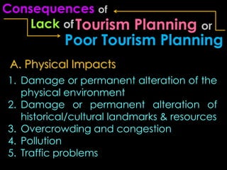 Consequences of
    Lack of Tourism  Planning or
           Poor Tourism Planning
 A. Physical Impacts
1. Damage or permanent alteration of the
   physical environment
2. Damage or permanent alteration of
   historical/cultural landmarks & resources
3. Overcrowding and congestion
4. Pollution
5. Traffic problems
 