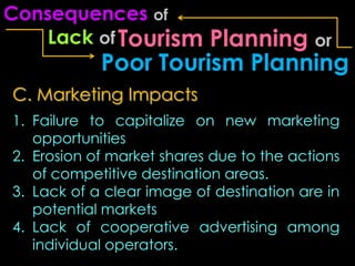 Consequences of
    Lack of Tourism   Planning or
            Poor Tourism Planning
C. Marketing Impacts
1. Failure to capitalize on new marketing
   opportunities
2. Erosion of market shares due to the actions
   of competitive destination areas.
3. Lack of a clear image of destination are in
   potential markets
4. Lack of cooperative advertising among
   individual operators.
 