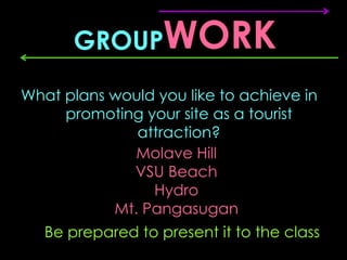 GROUPWORK
What plans would you like to achieve in
     promoting your site as a tourist
              attraction?
              Molave Hill
             VSU Beach
                Hydro
           Mt. Pangasugan
   Be prepared to present it to the class
 