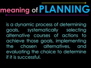 meaning of PLANNING

 is a dynamic process of determining
 goals,       systematically     selecting
 alternative courses of actions to
 achieve those goals, implementing
 the       chosen     alternatives,   and
 evaluating the choice to determine
 if it is successful.
 