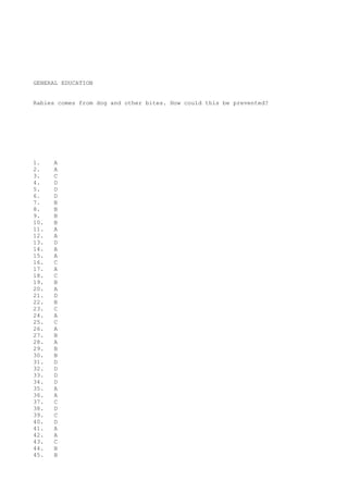 GENERAL EDUCATION
Rabies comes from dog and other bites. How could this be prevented?
1. A
2. A
3. C
4. D
5. D
6. D
7. B
8. B
9. B
10. B
11. A
12. A
13. D
14. A
15. A
16. C
17. A
18. C
19. B
20. A
21. D
22. B
23. C
24. A
25. C
26. A
27. B
28. A
29. B
30. B
31. D
32. D
33. D
34. D
35. A
36. A
37. C
38. D
39. C
40. D
41. A
42. A
43. C
44. B
45. B
 