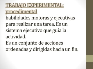 TRABAJO EXPERIMENTAL:
procedimental
habilidades motoras y ejecutivas
para realizar una tarea. Es un
sistema ejecutivo que guía la
actividad.
Es un conjunto de acciones
ordenadas y dirigidas hacia un fin.