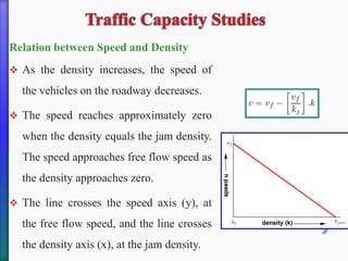 Relation between Speed and Density
❖ As the density increases, the speed of
the vehicles on the roadway decreases.
❖ The speed reaches approximately zero
when the density equals the jam density.
The speed approaches free flow speed as
the density approaches zero.
❖ The line crosses the speed axis (y), at
the free flow speed, and the line crosses
the density axis (x), at the jam density.
 