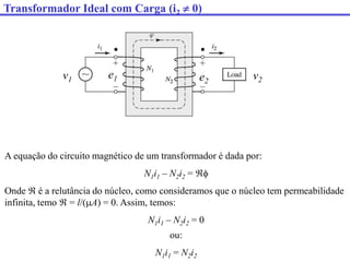 Transformador Ideal com Carga (i2  0)
e1 e2
v1 v2
A equação do circuito magnético de um transformador é dada por:
N1i1 – N2i2 = 
Onde  é a relutância do núcleo, como consideramos que o núcleo tem permeabilidade
infinita, temo  = l/(A) = 0. Assim, temos:
N1i1 – N2i2 = 0
ou:
N1i1 = N2i2
 