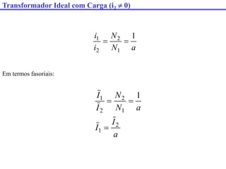 Transformador Ideal com Carga (i2  0)
a
N
N
i
i 1
1
2
2
1


Em termos fasoriais:
a
I
I
a
N
N
I
I
2
1
1
2
2
1 1



 