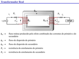 Transformador Real
m
l1 l2
e11 e22
R1 R2
v1(t)
+

+

m  fluxo mútuo produzido pelo efeito combinado das correntes do primário e do
secundário
l1  fluxo de dispersão do primário
l2  fluxo de dispersão do secundário
R1  resistência do enrolamento do primário
R2  resistência do enrolamento do secundário
i1 i2
+
 