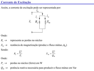 Corrente de Excitação
Assim, a corrente de excitação pode ser representada por:
1
E

I
m
I
c
I
Rc Xm
Onde:
Rc  representa as perdas no núcleo
Xm  reatância de magnetização (produz o fluxo mútuo, m)
Sendo:
c
c
P
E
R
2
1

m
m
Q
E
X
2
1

Onde:
Pc  perdas no núcleo (ferro) em W
Qm  potência reativa necessária para produzir o fluxo mútuo em Var
 