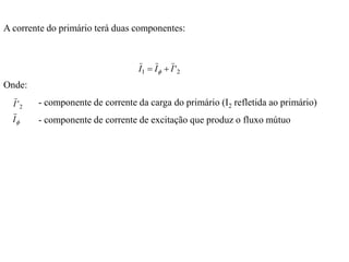 A corrente do primário terá duas componentes:
2
1 '
I
I
I 
 
Onde:
- componente de corrente da carga do primário (I2 refletida ao primário)
- componente de corrente de excitação que produz o fluxo mútuo
2
'
I

I
 