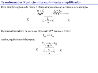 Transformador Real: circuitos equivalentes simplificados
Uma simplificação ainda maior é obtida desprezando-se a corrente de excitação
Para transformadores de várias centenas de kVA ou mais, temos:
Req << Xeq
Assim, equivalente é dado por:
1
V '
2
V
'
2
1 l
X
X 
'
2
1 R
R 
'
2
2
1 I
a
I
I 

'
2
1 l
eq X
X
X 

'
2
2
1 I
a
I
I 

1
V '
2
V
 