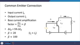 Common Emitter Connection
• Input current IB
• Output current IC
• Base current amplification
factor =
∆𝐼𝐶
∆𝐼𝐵
= 𝛽
• ∆𝐼𝐵 < 5% ∆𝐼𝐸
• 𝛽 > 20 (IC ≈ IE)
• 𝛽 ≈ 100
4
 