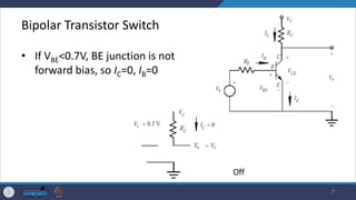 Bipolar Transistor Switch
• If VBE<0.7V, BE junction is not
forward bias, so IC=0, IB=0
9
Off
 