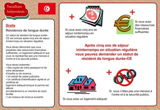 la proposition de l'employeur est acceptée
Un statut de résident de longue durée-
CE est octroyé après cinq ans de séjour
ininterrompu en situation régulière.
Vous devez démontrer que vous
possédez des ressources financières
suffisantes, un logement adéquat et que
vous ne représentez pas une menace à
l'ordre et à la sécurité publics.
Vous devez présenter :
• Des copies de votre passeport et de
votre déclaration
d'impôts ou de revenus ;
• Un extrait de casier judiciaire;
• Un certificat d'identification agréé et un
certificat de
logement adéquat lorsque le permis est
délivré
simultanément à un membre de votre
famille.
• Les niveaux de revenus suivants.
Droits
Résidence de longue durée Si vous avez cinq ans de
séjour ininterrompu en
situation régulière
+5
ans
Si vous n’êtes pas une menace à
l'ordre et à la sécurité publics.
Après cinq ans de séjour
ininterrompu en situation régulière
vous pouvez demander un statut de
résident de longue durée-CE
Si vous avez
des ressources
financières
suffisantes
Si vous avez un logement adéquat
Travailleurs
Indépendants
 