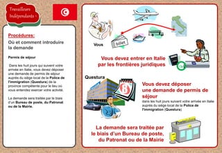 la proposition de l'employeur est acceptée
Permis de séjour
Dans les huit jours qui suivent votre
arrivée en Italie, vous devez déposer
une demande de permis de séjour
auprès du siège local de la Police de
l'immigration (Questura) de la
province compétente pour le lieu où
vous entendez exercer votre activité.
La demande sera traitée par le biais
d’un Bureau de poste, du Patronat
ou de la Mairie.
Procédures:
Où et comment introduire
la demande
Vous
Vous devez entrer en Italie
par les frontières juridiques
Vous devez déposer
une demande de permis de
séjour
dans les huit jours suivant votre arrivée en Italie
auprès du siège local de la Police de
l'immigration (Questura)
Questura
La demande sera traitée par
le biais d’un Bureau de poste,
du Patronat ou de la Mairie
8
Travailleurs
Indépendants
 