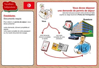 la proposition de l'employeur est acceptée
Pour obtenir un permis de séjour, vous
devez présenter :
•votre demande, dûment complétée et
signée ;
•une copie complète de votre passeport
ou d'un autre document de voyage.
Procédures:
Documents requis
Vous
Questura
Vous devez déposer
une demande de permis de séjour
dans les huit jours suivant votre arrivée en Italie
auprès du siège local de la Police de l'immigration
votre demande,
dûment complétée
et signée
une copie
complète de votre
passeport
8
Travailleurs
Indépendants
 
