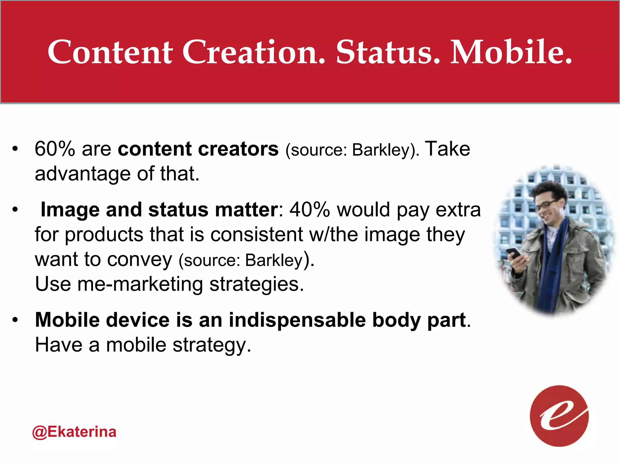 Content Creation. Status. Mobile.

• 60% are content creators (source: Barkley). Take
  advantage of that.
•    Image and status matter: 40% would pay extra
    for products that is consistent w/the image they
    want to convey (source: Barkley).
    Use me-marketing strategies.
• Mobile device is an indispensable body part.
  Have a mobile strategy.



    @Ekaterina
 