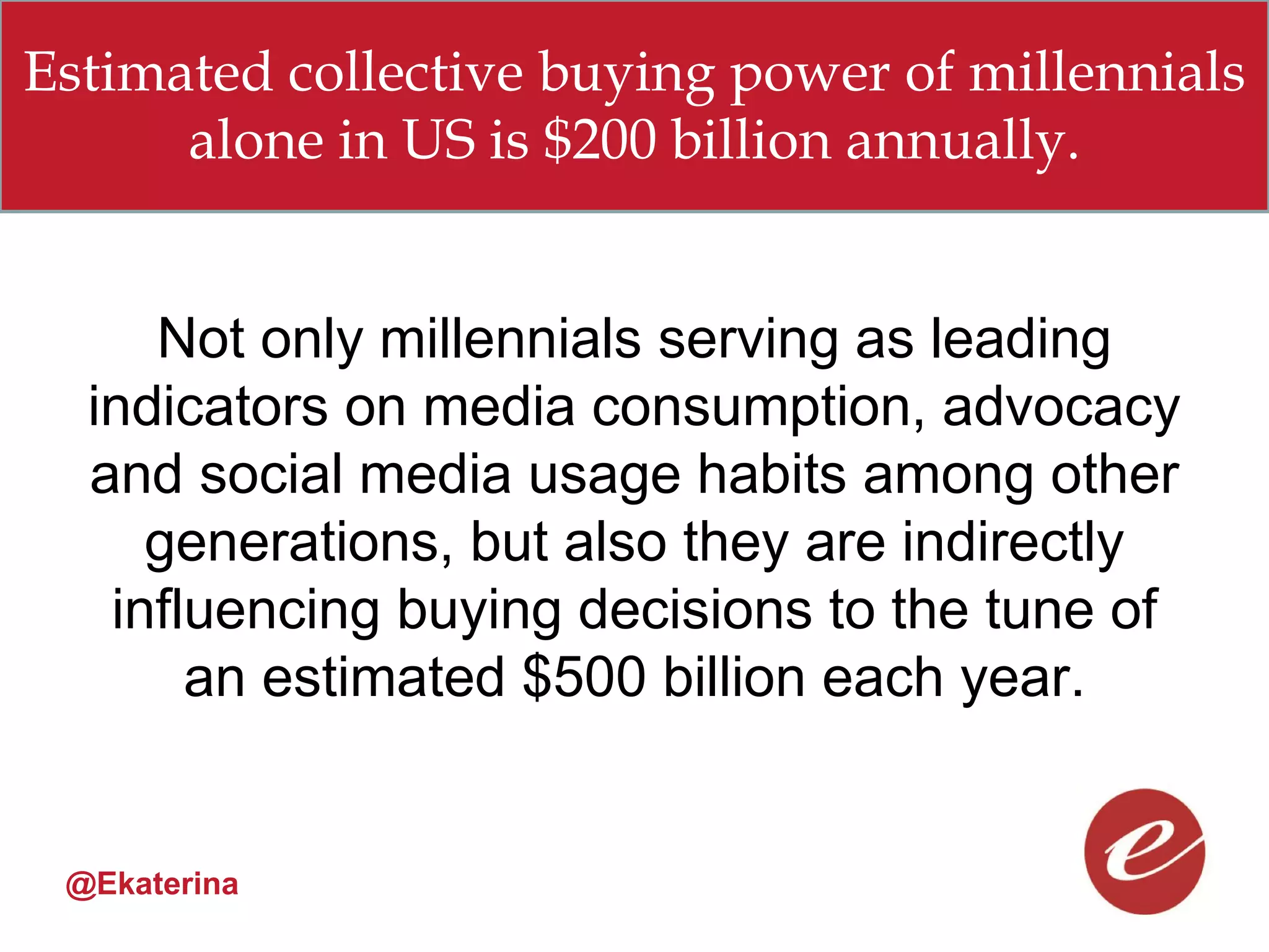 Estimated collective buying power of millennials
      alone in US is $200 billion annually.


     Not only millennials serving as leading
  indicators on media consumption, advocacy
  and social media usage habits among other
     generations, but also they are indirectly
   influencing buying decisions to the tune of
       an estimated $500 billion each year.


 @Ekaterina
 
