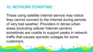 10. NETWORK DOWNTIME
Those using satellite internet service may notice
they cannot connect to the Internet during periods
of very bad weather. Providers in dense urban
areas (including cellular Internet carriers)
sometimes are unable to support peaks in network
traffic that causes sporadic outages for some
customers.
20
 