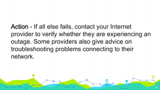 Action - If all else fails, contact your Internet
provider to verify whether they are experiencing an
outage. Some providers also give advice on
troubleshooting problems connecting to their
network.
21
 