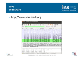 Tools	
  
Wireshark	
  

•  hfp://www.wireshark.org	
  




                 Troubleshooting IPv6 – Swiss IPv6 Day Zürich – 08. Juni 2011
 