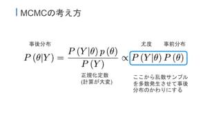 I MCMCの考え方
事後分布 事前分布尤度
正規化定数
(計算が大変)
ここから乱数サンプル
を多数発生させて事後
分布のかわりにする
 