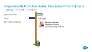 Moscone West
2002
Level: Intermediate
Requirements Drive Processes. Processes Drive Solutions.
Tuesday, 12:30 p.m. - 1:10 p.m.
 