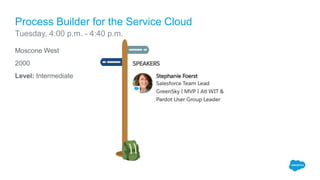 Moscone West
2000
Level: Intermediate
Process Builder for the Service Cloud
Tuesday, 4:00 p.m. - 4:40 p.m.
 