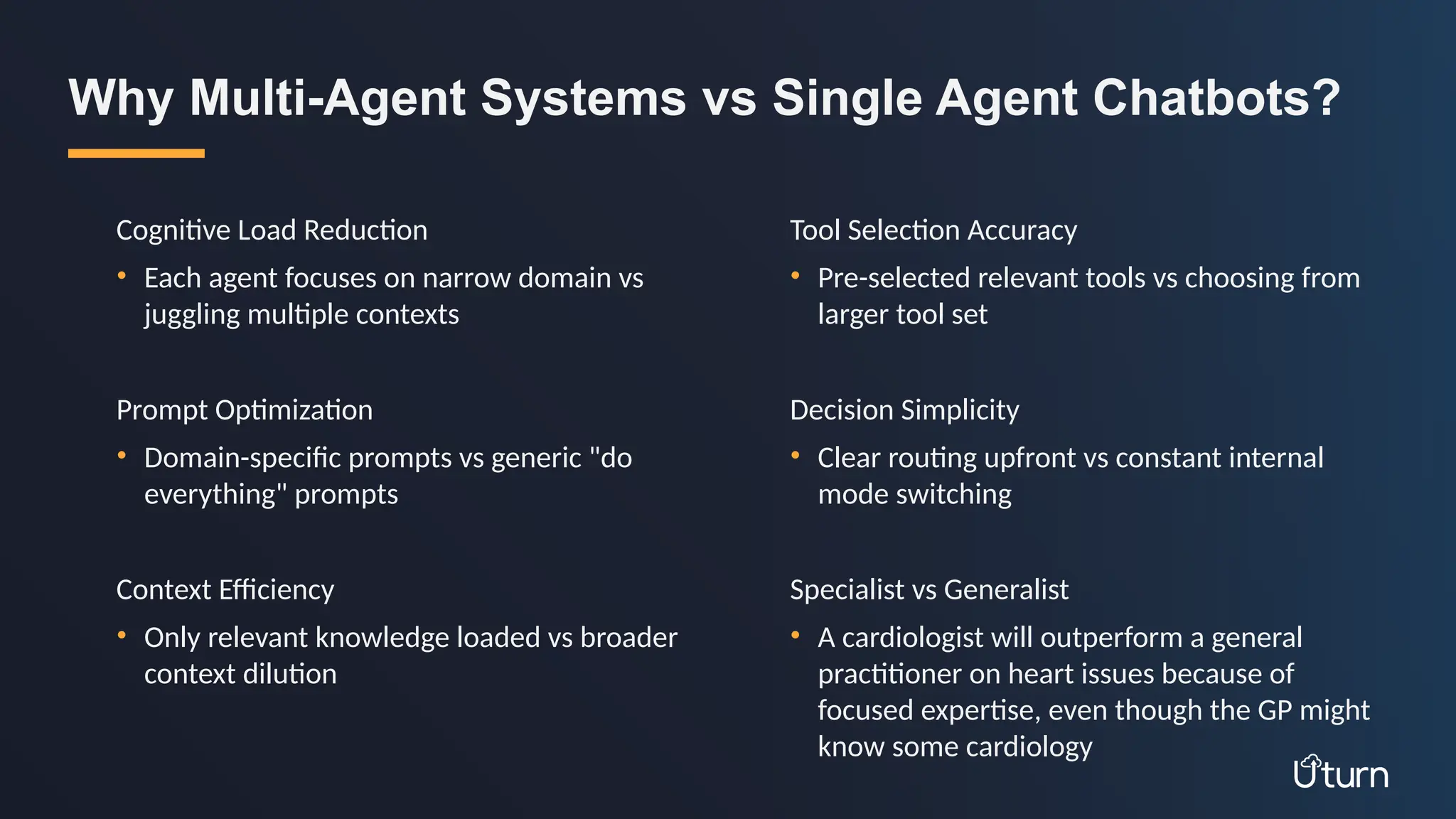 Cognitive Load Reduction
• Each agent focuses on narrow domain vs
juggling multiple contexts
Prompt Optimization
• Domain-specific prompts vs generic "do
everything" prompts
Context Efficiency
• Only relevant knowledge loaded vs broader
context dilution
Why Multi-Agent Systems vs Single Agent Chatbots?
Tool Selection Accuracy
• Pre-selected relevant tools vs choosing from
larger tool set
Decision Simplicity
• Clear routing upfront vs constant internal
mode switching
Specialist vs Generalist
• A cardiologist will outperform a general
practitioner on heart issues because of
focused expertise, even though the GP might
know some cardiology
 