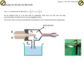 Bogaert N. / 2021-2022 / fluïdomechanica
Als y1 ≈ y2 wordt de wet van Bernoulli:
Als de snelheid hoog is is de druk laag e...