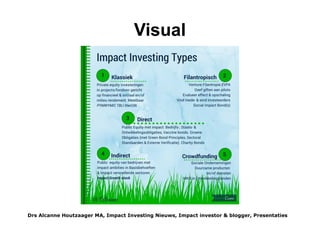SWOT analyse
De GIIN heeft veel werk verzet en vooral ook veel bestaande initiatieven betrokken bij haar werk om de tientallen
ambitueze actiepunten aan te pakken uit het Monitor Institute rapport (theGIIN.org/Investing for Social and
Environmental Impact) dat kijkt zowel naar bestaande bottlenecks als potentiële versnellers. Zo publiceerden ze recent
een framework om Global Reporting Initiative (GRI) data een systeem voor grotere ondernemingen te linking aan het
IRIS systeem en werkt samen met B Lab (Corporations) op rating met haar GIIRS systeem. de GIIN startte een
Netwerk naast haar Investors Council & Member systeem, maar is nog steeds zeer exclusief. Een opportunity kan zijn
dat het haar kennis en inzicht samenvat voor verschillende gebrukers en doelen en misschien in infographics? Ik ben
dol op infographics, zie mijn prikbord op Pinterest/cool-infographics-on-impact-investing)
Een andere kans is om inclusive impact investing te promoten,
public equity investing door kleine particuliere beleggers, want
private equity investeringen vormen maar 17% van het
investerinskapitaal in the VS, (Sonen Sapital in hun 2014 impact
report). De Rockefeller Foundation Impact investing pionier en
GIIN supporter agendeert het af en toe al.
Wat kan de kleine belegger er mee?
De GIIN website biedt een overdaad aan informatie over
impactmeting, markt ontwikkelingen en trends, investerings-
modellen, trainingen en vacatures, webinars, rapporten etc.
Er is een maandelijkse nieuwsbrief.
Waar de GIIN mee bezig is en aan (mee)werkt zal de
ontwikkeling van impact investing ongetwijfeld beïnvloeden.
Drs Alcanne J Houtzaager MA, Inclusive² Impact Investing Tools & Thoughtpieces p.5
 
