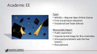 Academic EE 
Types 
• MOOCs – Massive Open Online Course 
• Free or paid open education 
• Vocational and Trade Schools 
M...