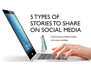 5 TYPES OF
STORIES TO SHARE
ON SOCIAL MEDIA
STORYTELLING SUMMER SCHOOL
WITH JULIA CAMPBELL
This Photo by Unknown Author is licensed under CC BY-NC-SA
 