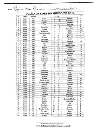 Nome: .
li II -IITWllfi*Tiií*i*T~'
ncx.-
Z CXZ ísrMXLA Fone: 3 ,i Z h
BOLÃO DA COPA DO MUNDO DE 2014
Fase Gr
N" Data Horário 1."1
1
2
12/jun 16h Brasil
México _£>
!_ Croácia A
13/jun 12h .5L.
Camarões A l
J 13/jun 15h Espanha JL 1 Holanda B
4 13/jun ISh Chile O Austrália B
! 5 14/jun
14/jun
14/jun
14/jun
I2h
15h
Colômbia !X
Grécia C
! 6 Uruguai 3 o
Costa Rica D
7
8
ISh Inglaterra
Cosia do Marfim
1 X
Itália D
21h
J
X—
X
Japão CJ
9
! 10
15/jun I2h Suíça Equador E
15/jun
15/jun
16/jun
16/jun
15h Franca % C* Honduras E
11 18h Argentina %• o Bósnia F
12 12h Alemanha i
1
X Portugal G !
1 ,3 ~ Í5h Irã i Nigéria _f_|
| 14 16/jun
17/jun
17/jun
ISh
12h
I5h
Gana
Bélgica .5
1 Estados Unidos G
j 15 " . O
f-'
Argélia H 1
1 '6 Brasil ^ México A
17~ 17/jun
18/jun
18h Rússia
Austrália
3
o
X Coréia do Sul II
i 18 12h
-2
Holanda B
19 18/jun 15h Espanha J 3 Chile B
20 18/jun ISh Camarões 3 O Croácia A
! 21 19/jun I2h Colômbia X O Costa do Marfim C
1 22 19/jun
19/jun
I5h Uruguai 0 r.i Inglaterra D
! 23 ISh Japão  u Grécia C
24
25
20/jun I2h Itália 3 c Costa Rica D
20/jun 15h Suíça i i França E
26 20/jun ISh Honduras O -a Equador E
n>7 21/jun I2h Argentina 3 Irã F
28
29
21/jun
21/jun
I5h
ISh
Alemanha
Nigéria i
Q Gana G i
1 Bósnia "->""!
30 22/jun 12h Bélgica o J Rússia ii
31 22/jun I5h Coréia do Sul í 1 Argélia H (
32 22/jun ISh Estados Unidos o 1 Portugal G !
33
_ _
23/jun I2h Austrália o J?. Espanha B
23/jun 12h Holanda o 'À. Chile B
35 23/jun 16h Camarões l J Brasil A
i 36 23/jun 16h Croácia i O México A
37 24/jun I2h Itália o o Uruguai D
38 24/jun I2h Costa Rica o 3. Inglaterra D
39 24/jun 16h Japão 1
i
_±b Colômbia C
C40 24/jun 16h Grécia j Costa do Marfim
41 25/jun 12h Nigéria o 3 Argentina F
42 25/jun 12h Bósnia .3 ^ Irã F
43 25/jun 16h Honduras o 3 Suíça E
44 25/jun 16h Equador i J2 França E
45 26/jun 12h Estados Unidos o ^a Alemanha G
46 26/jun 12h Portugal X 0 Gana G
47 26/jun K.li Coréia do Sul V ^ Bélgica H
48 26/jun 16h Argélia o X Rússia
" 1
Maiores informações e regulamento:
www.bolaopantaneiro.blogspot.com.br
 