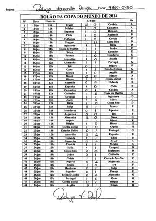 Nome: XX'-^ Xr^i» <âm^ Fone: W<SO -OlSQ
BOLAO DA COPA DO MUNDO
l.a Fase
>DE 2014
N° Data Horário
Gr
1 12/jun 16h Brasil & o Croácia A
2 13/jun 12h México o Camarões A
3 13/jun 15h Espanha o Holanda B
4 13/jun 18h Chile 0
Austrália B
5 14/jun 12h Colômbia 0
Grécia C
6 14/jun 15h Uruguai 0 Costa Rica D
7 14/jun 18h Inglaterra J Itália D
8 14/jun 21h Costa do Marfím / Japão C
9 15/jun 12h Suíça ] Equador E
10 15/jun 15h França o Honduras E
11 15/jun 18h Argentina 0
Bósnia F
12 16/jun 12h Alemanha 1 Portugal G
13 16/jun 15h Irã O I Nigéria F
14 16/jun 18h Gana 1 Estados Unidos G
15 17/jun 12h Bélgica 0 Argélia H
16 17/jun 15h Brasil A o México A
17 17/jun 18h Rússia ) Coréia do Sul H
18 18/jun 12h Austrália CL Holanda B
19 18/jun 15h Espanha 0 Chile B
20 18/jun 18h Camarões O J Croácia A
21 19/jun 12h Colômbia 0 Costa do Marfím C
22 19/jun 15h Uruguai 1 Inglaterra D
23 19/jun 18h Japão 0 Grécia C
24 20/jun 12h Itália o Costa Rica D
25 20/jun 15h Suíça 0 í França E
26 20/jun 18h Honduras o 1 Equador E
27 21/jun 12h Argentina LX o Irã F
28 21/jun 15h Alemanha «2. 0 Gana G
29 21/jun 18h Nigéria J 1 Bósnia F
30 22/jun 12h Bélgica J 0 Rússia H
31 22/jun 15h Coréia do Sul 1 0 Argélia H
32 22/jun 18h Estados Unidos 0 i Portugal G
33 23/jun 12h Austrália 0 a. Espanha B
34 23/jun 12h Holanda 1 i Chile B
35 23/jun 16h Camarões o a. Brasil A
36 23/jun 16h Croácia J 9 México A
37 24/jun 12h Itália ; 1 Uruguai D
38 24/jun 12h Costa Rica o <2r Inglaterra D
39 24/jun 16h Japão 0 f Colômbia C
40 24/jun 16h Grécia i 1 Costa do Marfím C
41 25/jun 12h Nigéria 0 <2r Argentina F
42 25/jun 12h Bósnia 1 O Irã F
43 25/jun 16h Honduras 0 f Suíça E
44 25/jun 16h Equador o ) França E
45 26/jun 12h Estados Unidos o a. Alemanha G
46 26/jun 12h Portugal P 0 Gana G
47 26/jun 16h Coréia do Sul 0 i) Bélgica H
48 26/jun 16h Argélia 0 / Rússia H
aX
 