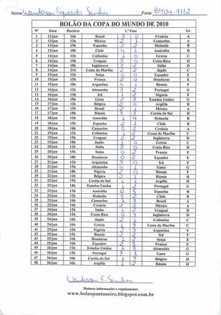 r^OH-qtlcZNome:Vxj3^^djU>^^ I^jJSJUaQ VamIL^ Fone
BOLAO DA COPA DO MUNDO DE 2010
N° Data Horário 1." Fase Gr
1 12/jun 16h Brasil =? O Croácia A
2 13/jun 12h México Z X Camarões A
3 13/jun 15h Espanha 3 3 Holanda B
4 13/jun 18h Chile
M X Austrália B
5 14/jun 12h Colômbia X o Grécia C
6 14/jun 15h Uruguai
rs
5 o Costa Rica D
7 14/jun 18h Inglaterra 3 ã Itália D
8 14/jun 21h Costa do Marfim 3 3 Japão C
9 15/jun 12h Suíça o o Equador E
10 15/jun 15h França 3 o Honduras E
11 15/jun 18h Argentina 3 1 Bósnia F
12 16/jun 12h Alemanha 3 3 Portugal G
13 16/jun 151) Ira A â Nigéria F
14 16/jun 18h Gana Z 3 Estados Unidos G
15 17/jun 12h Bélgica P o Argélia H
16 17/jun 15h Brasil 3  México A
17 17/jun 18h Rússia =Ç ->
Coréia do Sul H
18 18/jun 12h Austrália 1 M Holanda B
19 18/jun I5h Espanha 3 1 Chile B
20 18/jun 181) Camarões O 3 Croácia A
21 19/jun 12h Colômbia 1 3 Costa do Marfim C
22 19/jun 15h Uruguai 3> 3 Inglaterra I)
23 19/jun 18h Japão  •o Grécia C
24 20/jun 12h Itália 3 o Costa Rica D
25 20/jun 15h Suíça O 5 França E
26 20/jun 18h Honduras O 31 Equador E
27 21/jun 121) Argentina 3 C) Irã F
28 21/jun 151) Alemanha 3 J Gana G
29 21/jun 18h Nigéria O Bósnia F
30 22/jun 12h Bélgica ~)
V Rússia H
31 22/jun 15h Coréia do Sul x  Argélia H
32
33
22/jun I8h Estados Unidos
 3 Portugal G
23/jun 12h Austrália O ç Espanha B
34 23/jun 12h Holanda 3 o7 Chile B
35 23/jun 16h Camarões i ^ Brasil A
36 23/jun I6h Croácia z 3 México A
37 24/jun 12h Itália X a Uruguai D
38 24/jun 12h Costa Rica o 3 Inglaterra D
39 24/jun 16h Japão o? X Colômbia C
40 24/jun 16h Grécia
 3 Costa do Marfim C
41 25/jun 12h Nigéria 3 3 Argentina F
42 25/jun 12h Bósnia 3 Irã F
43 25/jun 16h Honduras 1 Ü? Suíça E
44 25/jun 161) Equador «3 2 França E
45 26/jun 12h Estados Unidos 1 3 Alemanha G
46 26/jun 12h Portugal 3 1 Gana G
47 26/jun 16h Coréia do Sul X 3 Bélgica H
48 26/jun 161) Argélia X "7
Rússia II
LA0.aJ0l^&W f >^.^lU^
Maiores informações e regulamento:
www.boIaopantanciro.bIogspot.com.br
 
