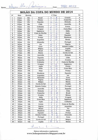 Nome: Fone: •Mc. oü Z P
BOLÃO DA COPA DO MUNDO DE 2014
N° Data Horário l."Fase Gr
1 12/jun 16h Brasil O 3 Croácia A
2 13/jun 12h México 1 O Camarões A
3 13/jun 15h Espanha Z X Holanda B
4 13/jun 181) Chile 1 o Austrália B
5 14/jun 121) Colômbia z o Grécia C
6 14/jun 15h Uruguai z O Costa Rica D
7 14/jun 181) Inglaterra 1 1 Itália D
8 14/jun 21h Costa do Marfim o z Japão C
9 15/jun 121) Suíça c / Equador E
10 15/jun 15h França z o Honduras E
11 15/jun 18h Argentina Z o Bósnia F
12 16/jun 12h Alemanha / / Portugal G
13 16/jun 15h Irã /O / Nigéria F
14 16/jun 181) Gana o 3 Estados Unidos G
15 17/jun I2h Bélgica z O Argélia H
16 17/jun 15h Brasil a ? México A
17 17/jun 18h Rússia L z Coréia do Sul H
18 18/jun 12h Austrália 0 3 Holanda B
19 18/jun 15h Espanha I i Chile B
20 18/jun 181) Camarões 0 V Croácia A
21 19/jun 12h Colômbia 1 l Costa do Marfim C
22 19/jun 15h Uruguai o 3 Inglaterra D
23 19/jun 181) Japão 2. O Grécia C
24 20/jun 12h Itália 3 o Costa Rica D
25 20/jun 15h Suíça  ^ França E
26 20/jun I8h Honduras O z Equador E
27 21/jun 12h Argentina H o Irã F
28 21/jun 15h Alemanha 2> 0 Gana G
29 21/jun 18h Nigéria z o Bósnia F
30 22/jun 121) Bélgica  / Rússia H
31 22/jun 15h Coréia do Sul 3 1 Argélia H
32 22/jun 18h Estados Unidos 1 1 Portugal G
33 23/jun 12h Austrália o 4 Espanha B
34 23/jun 121) Holanda 3. / Chile B
35 23/jun 16h Camarões =? O Brasil A
36 23/jun 16h Croácia / / México A
37 24/jun 12h Itália Z L Uruguai D
38 24/jun 12h Costa Rica o '3 Inglaterra D
39 24/jun 16h Japão z CA Colômbia C
40 24/jun 161) Grécia í / Costa do Marfim C
41 25/jun 12h Nigéria ? 7 Argentina F
42 25/jun 12h Bósnia 1 1 Irã F
43 25/jun 161) Honduras c ( Suíça E
44 25/jun 16h Equador c Z França E
45 26/jun I2h Estados Unidos o z. Alemanha G
46 26/jun 12h Portugal 1 (D Gana G
47 26/jun 16h Coréia do Sul 2. i Bélgica H
48 26/jun 16h Argélia t> z Rússia H
:ú í
Maiores informações c regulamento:
www.boIaopantaneiro.bIogspot.com.br
 