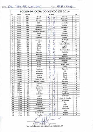 Nome: OflfU ?W)L??6 CMVÇtQ-0 Fone: W?-Q<«36
—
BOLAO DA COPA DO MUNDO DE, 2U1^
N° Data Horário 1." Fase Gr
1 12/jun 16h Brasil ã X Croácia A
2 13/jun 12h México 2 ü Camarões A
3 13/jun 15h Espanha 3 2 Holanda B
4 13/jun 18h Chile H 0 Austrália B
5 14/jun 12h Colômbia Z l Grécia C
6 14/jun 15h Uruguai 3 0 Costa Rica D
7 14/jun 18h Inglaterra OZ Ò Itália D
8 14/jun 21h Costa do Marfim l .-/ Japão C
9 15/jun 12h Suíça X 0 Equador E
10 15/jun 15h França * 0 Honduras E
11 15/jun 18h Argentina 5 l Bósnia F
12 16/jun 12h Alemanha X 3, Portugal G
13 16/jun 15h Irã 0 X Nigéria F
14 16/jun 18h Gana X <Q Estados Unidos G
15 17/jun 12h Bélgica 2- 0 Argélia H
16 17/jun 15h Brasil X X México A
17 17/jun ISh Rússia X o Coréia do Sul H
18 18/jun 12h Austrália 0 2 Holanda B
19 18/jun 15h Espanha 3 a Chile B
20 18/jun 18h Camarões 1 JZ Croácia A
21 19/jun 12h Colômbia X o Costa do Marfim C
22 19/jun 15h Uruguai L x. Inglaterra D
23 19/jun 18h Japão l o Grécia C
24 20/jun 12h Itália Z ). Costa Rica D
25 20/jun 15h Suíça i 3 França E
26 20/jun 18h Honduras
0 4
Equador E
27 21/jun 12h Argentina i b Irã F
28 21/jun 15h Alemanha a 0 Gana G
29 21/jun 18h Nigéria 3 o Bósnia F
30 22/jun 12h Bélgica X X Rússia H
31 22/jun 15h Coréia do Sul 1 o Argélia H
32 22/jun 18h Estados Unidos z 3 Portugal G
33 23/jun 12h Austrália Ô 3 Espanha B
34 23/jun 12h Holanda 3 Z Chile B
35 23/jun 16h Camarões 1 z Brasil A
36 23/jun 16h Croácia 1 J. México A
37 24/jun 12h Itália 2 X Uruguai D
38 24/jun 12h Costa Rica 0 ? Inglaterra D
39 24/jun 16h Japão l D Colômbia C
40 24/jun 16h Grécia 0 X Costa do Marfim C
41 25/jun 12h Nigéria z Zl Argentina F
42 25/jun 12h Bósnia X- V Irã F
43 25/jun 16h Honduras 0 > Suíça E
44 25/jun 16h Equador x 5 França E
45 26/jun 12h Estados Unidos . ZZ Alemanha G
46 26/jun 12h Portugal -7
0 Gana G
47 26/jun 16h Coréia do Sul v X Bélgica H
48 26/jun 16h Aroélia^-»^ *•N 0 & Rússia H
Maiores informac ieg e regulamento:
www.bolaopantaneiro.blogspot.com.br
 
