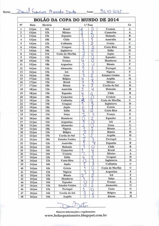 Nome: -j)cw^7 rA>Q^^oco .AAuModijJ T"xvAfr Fone: Òh 43" g2 6T
BOLÃO DA COPA DO MUNDO DE 2014
N° Data Horário 1." Fase Gr
1 12/jun 16h Brasil ^_ 0 Croácia A
2 13/jun 12h México 3 Camarões A
3 13/jun 15h Espanha % 0 Holanda B
4 13/jun 18h Chile 7>
> Austrália B
5 14/jun 12h Colômbia 4 Q Grécia C
6 14/jun 15h Uruguai a Costa Rica D
7 14/jun 18h Inglaterra yl Itália D
8 14/jun 21h Costa do Marfim a u Japão C
9 15/jun 12h Suíça 3 y Equador E
10 15/jun 15h França U o Honduras E
11 15/jun 18h Argentina 3 O Bósnia F
12 16/jun 12h Alemanha
> 3 Portugal G
13 16/jun 15h Irã h 3 Nigéria F
14 16/jun 18h Gana a 3 Estados Unidos G
15 17/jun 12h Bélgica M 3 Argélia II
16 17/jun 15h Brasil z A México A
17 17/jun 18h Rússia M 3 Coréia do Sul H
18 18/jun 12h Austrália
±_ N Holanda B
19 18/jun 15h Espanha H 0 Chile B
20 18/jun 18h Camarões  O Croácia A
21 19/jun 12h Colômbia st •T) Costa do Marfim C
22 19/jun 15h Uruguai 1 3 Inglaterra D
23 19/jun 18h Japão 0 Grécia C
24 20/jun 12h Itália 4 0 Costa Rica D
25 20/jun 15h Suíça Cr
—>
França E
26 20/jun 18h Honduras 0 Equador E
27 21/jun 12h Argentina i o Irã F
28 21/jun 15h Alemanha 3
Q Gana G
29 21/jun 18h Nigéria
1 3 Bósnia F
30 22/jun 12h Bélgica íl Rússia H
31 22/jun 15h Coréia do Sul  5 Argélia H
32 22/jun 18h Estados Unidos 3 3 Portugal G
33 23/jun 12h Austrália
í ~H Espanha B
34 23/jun 12h Holanda i •O Chile B
35 23/jun 16h Camarões A H Brasil A
36 23/jun 16h Croácia ) . 3 México A
37 24/jun 12 li Itália M ^> Uruguai D
38 24/jun 12h Costa Rica
o "1 Inglaterra D
39 24/jun 16h Japão A í Colômbia C
40 24/jun 16h Grécia  ü Costa do Marfim C
41 25/jun 12h Nigéria 3 ^ Argentina F
42 25/jun 12h Bósnia z Q Irã F
43 25/jun 16h Honduras  l Suíça E
44 25/jun 16h Equador o 3 França E
45 26/jun 12h Estados Unidos o 5 Alemanha G
46 26/jun 12h Portugal  O Gana G
47 26/jun 16h Coréia do Sul a 3 Bélgica H
48 26/jun 16h Argélia 3 3 Rússia H
Maiores informações c regulamento:
www.bolaopantaneiro.blogspot.com.br
 