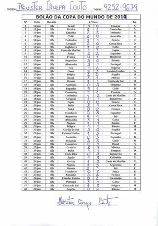 Nome: CMS£R PwePR o Fone: r
BOLAO DA COPA DO MUNDO DE 20lt|
N° Data Horário l.a Fase Gr
1 12/jun 16h Brasil 3 O Croácia A
2 13/jun 12h México 2 1 Camarões A
3 13/jun 15h Espanha Z ?l Holanda B
4 13/jun 18h Chile 2 o Austrália B
5 14/jun 12h Colômbia 3 A Grécia C
6 14/jun 15h Uruguai 2 o Costa Rica D
7 14/jun 18h Inglaterra -1 2 Itália D
8 14/jun 21h Costa do Marfim 1 A Japão C
9 15/jun 12h Suíça 2 Z Equador E
10 15/jun 15h França *4 1 Honduras E
11 15/jun 18h Argentina 3 0 Bósnia F
12 16/jun 12h Alemanha 3 1 Portugal G
13 16/jun 15h Irã 1 z Nigéria F
14 16/jun 18h Gana 2 3 Estados Unidos G
15 17/jun 12h Bélgica n
O Argélia II
16 17/jun 15h Brasil 3 A México A
17 17/jun 18h Rússia 4 1 Coréia do Sul II
18 18/jun 12h Austrália 0 2 Holanda B
19 18/jun 15h Espanha 3 1 Chile B
20 18/jun 18h Camarões 1 -1 Croácia A
21 19/jun 12h Colômbia 1 Z Costa do Marfim C
22 19/jun 15h Uruguai 1 1 Inglaterra D
23 19/jun 18h Japão 0 O Grécia C
24 20/jun 12h Itália 3 1 Costa Rica D
25 20/jun 15h Suíça 0 ?, França E
26 20/jun lith Honduras 0 3 Equador E
27 21/jun 12h Argentina M 1 Irã F
28 21/jun ISh Alemanha 3 1 Gana G
29 21/jun 18h Nigéria 4 1 Bósnia F
30 22/jun 12h Bélgica 4 1 Rússia II
31 22/jun 15h Coréia do Sul 2 O Argélia H
32 22/jun 18h Estados Unidos 1 3 Portugal G
33 23/jun 12h Austrália O 3 Espanha B
34 23/jun 12h Holanda z 2 Chile B
35 23/jun 16h Camarões o 3 Brasil A
36 23/jun 16h Croácia z 1 México A
37 24/jun 12h Itália " 1 Uruguai D
38 24/jun 12h Costa Rica o 2 Inglaterra D
39 24/jun 16h Japão 1 3 Colômbia C
40 24/jun 16h Grécia
1 2 Costa do Marfim C
41 25/jun 12h Nigéria A 3 Argentina F
42 25/jun 12h Bósnia 2. 1 Irã F
43 25/jun 16h Honduras O 2 Suíça E
44 25/jun 16h Equador Z- 2 França F,
45 26/jun 12h Estados Unidos 0 2 Alemanha G
46 26/jun 12h Portugal 3 1 Gana G
47 26/jun 16h Coréia do Sul 1 3 Bélgica H
48 26/jun 16h Argélia O 2 Rússia II
 
