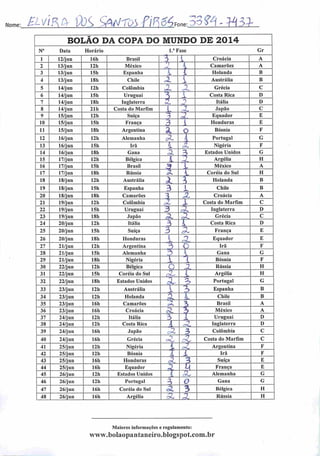Nome: £LviFb iò<> 9*tiroyrirz^oneZoPZM3}-
BOLÃO DA COPA DO MUNDO DE 2014
N° Data Horário 1." Fase Gr
1 12/jun 16h Brasil 3 i Croácia A
2 13/jun 12h México
n
i Camarões A
3 13/jun 15h Espanha í i Holanda B
4 13/jun 181) Chile 3
i Austrália B
5 14/jun 12h Colômbia 1 ••*) Grécia C
6 14/jun 15h Uruguai 5 i
A Costa Rica D
7 14/jun 181) Inglaterra •4 ->
Itália D
8 14/jun 211) Costa do Marfim L
7
Japão C
9 15/jun 12h Suíça Equador E
10 15/jun 151) França 3 | Honduras E
11 15/jun 181) Argentina 51 O Bósnia F
12 16/jun 12h Alemanha
_1
Cs**-
4 Portugal G
13 16/jun 15h Irã i
SI
Nigéria F
14 16/jun 181) Gana a 3, Estados Unidos G
15 17/jun 12h Bélgica _L_ 2 Argélia H
16 17/jun 15h Brasil 3 i México A
17 17/jun 18h Rússia
3
í Coréia do Sul H
18 18/jun 12h Austrália X a Holanda B
19 18/jun 15h Espanha 3 i Chile B
20 18/jun 18h Camarões 3 X Croácia A
21 19/jun 12h Colômbia
9
l Costa do Marfim C
22 19/jun 15h Uruguai 3 1 Inglaterra D
23 19/jun 18h Japão ^L r-
Grécia C
24 20/jun 12h Itália 3 l Costa Rica D
25 20/jun 151) Suíça 3 cL França E
26 20/jun 181) Honduras
l n Equador E
27 21/jun 12h Argentina 3 O Irã F
28 21/jun 15h Alemanha 3  Gana G
29 21/jun 18h Nigéria I  Bósnia F
30 22/jun 12h Bélgica c .z Rússia H
31 22/jun 15h Coréia do Sul
—1
l Argélia H
32 22/jun 18h Estados Unidos .SL
'5 Portugal G
33 23/jun 12h Austrália 1 3 Espanha B
34 23/jun 121) Holanda 5 l Chile B
35 23/jun 16h Camarões -h Brasil A
36 23/jun 16h Croácia
*~>
% México A
37 24/jun 12h Itália 3 Uruguai D
38 24/jun 12h Costa Rica /
—>
Inglaterra D
39 24/jun 16h Japão c2 3 Colômbia C
40 24/jun 16h Grécia
"> n
Costa do Marfim C
41 25/jun 12h Nigéria i
7
Argentina F
42 25/jun 12h Bósnia í i Irã F
43 25/jun 161) Honduras 3L 3 Suíça E
44 25/jun 16h Equador 2 5 França E
45 26/jun 12h Estados Unidos j 3 Alemanha G
46 26/jun 12h Portugal 3 O Gana G
47 26/jun 16h Coréia do Sul 3L 3 Bélgica H
48 26/jun 16h Argélia oL 2 Rússia H
Maiores informações e regulamento:
www.boIaopantaneiro.blogspot.com.br
 