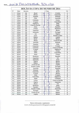 Ncrre: BM6jPfr £j^ Ugtb fôMfcg %3(p -oiqíl
BOLÃO DA COPA DO MUNDO DE 2014
N° Data Horário I/Fase Gr
1 12/jun 161) Brasil
3 O Croácia A
2 13/jun 121) México
z Q Camarões A
3 13/jun 151) Espanha
à ( Holanda B
4 13/jun I8h Chile 1 o Austrália B
5 14/j un 121) Colômbia 1 o Grécia C
6 14/jun 151) Uruguai 3 r?, Costa Rica D
7 14/jun 18h Inglaterra '. % Itália D
8 14/jun 211) Costa do Marfim
r2- o Japão C
9 15/jun I2h Suíça 1 (O Equador E
10 15/j u n 151) Fiança -?. o Honduras E
11 15/jun 18h Argentina rZ O Bósnia F
12 16/jun 121) Alemanha 3> oL Portugal G
13 16/jun 15h Irã O i Nigéria F
14 16/jun 181) Gana o i Estados Unidos G
15 17/jun 12h Bélgica
<7l> o Argélia II
16 17/jun 15h Brasil 7), «L México A
17 17/jun 181) Rússia o i Coréia do Sul H
18 18/jun I2h Austrália
o 3, Holanda B
19 18/jun ISh Espanha r2 o Chile B
20 18/jun 181) Camarões 7 jL Croácia A
21 19/jun 12h Colômbia i i Costa do Marfim C
22 19/jun 15h Uruguai l <?L Inglaterra D
23 19/jun 18h Japão i C Grécia C
24 20/jun 12h Itália O Costa Rica D
25 20/jun 151) Suíça 2- França E
26 20/jun 181) Honduras
0 O Equador E
27 21/jun 12h Argentina .
O Irã F
28 21/jun 15h Alemanha 3 l Gana G
29 21/jun I8h Nigéria •
O Bósnia F
30 22/jun 12h Bélgica ] o Rússia H
31 22/jun 151) Coréia do Sul
.
•~ O Argélia H
32 22/jun 18h Estados Unidos ^ 4L Portugal G
33 23/jun 12h Austrália
«& 3 Espanha B
34 23/j u n 12h Holanda
3 3 Chile B
35 23/jun 161) Camarões X o2. Brasil A
36 23/jun 161) Croácia rZ í México A
37 24/jun 12h Itália 1 1 Uruguai D
38 24/jun 121) Costa Rica
$ 3 Inglaterra 1)
39 24/jun 16h Japão i i Colômbia C
40 24/jun 161) Grécia
J k Costa do Marfim C
41 25/jun 121) Nigéria <- 3 Argentina F
42 25/jun 12h Bósnia O l Irã F
43 25/jun 161) Honduras
k Suíça E
44 25/jun 161) Equador i 4, França E
45 26/jun 12h Estados Unidos ÕL ã., Alemanha G
46 26/jun 12h Portugal ,3 l Gana G
47 26/jun 16h Coréia do Sul 2, ^L Bélgica II
48 26/jun 16h Argélia l Rússia H
Maiores informações e regulamento:
www.boIaopantaneiro.blogspot.com.br
 